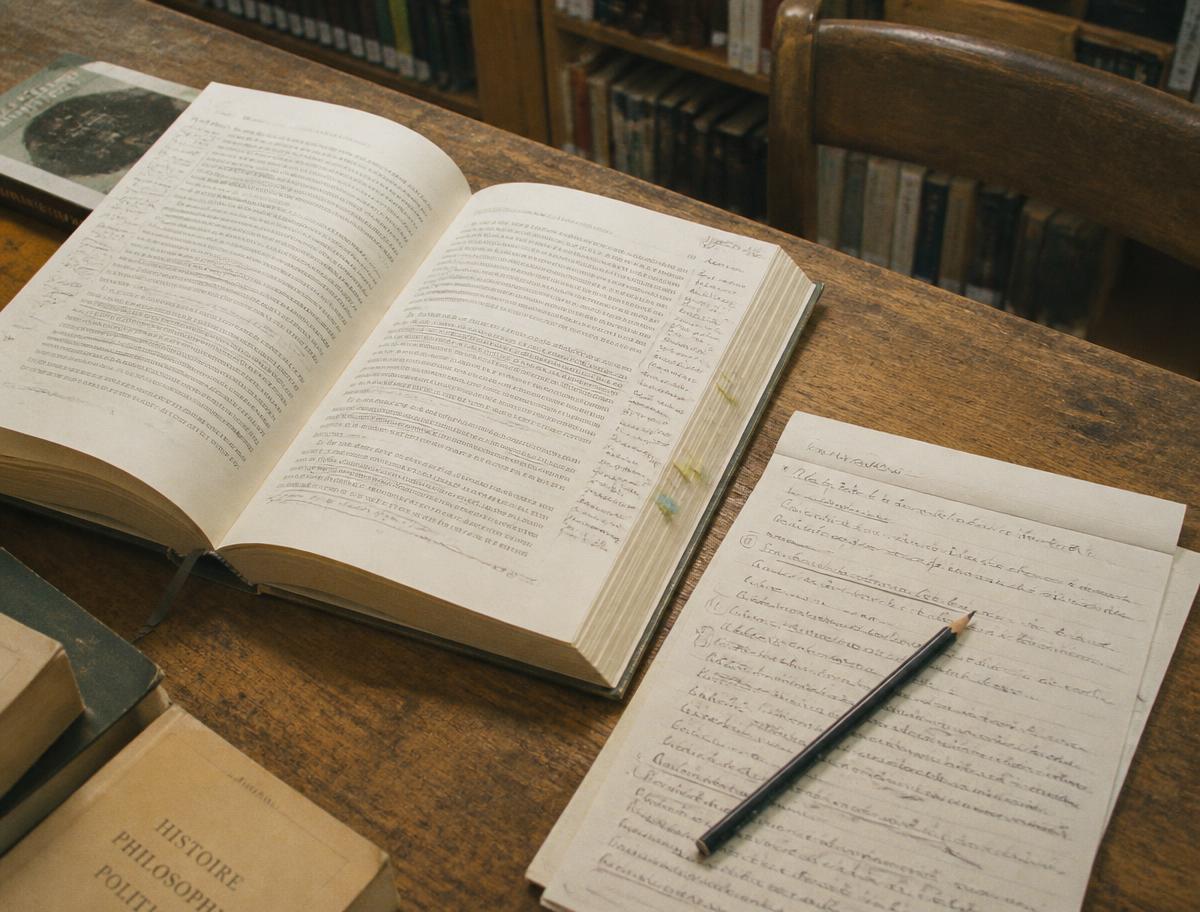 Livro anotado e apontamentos manuscritos numa mesa de biblioteca