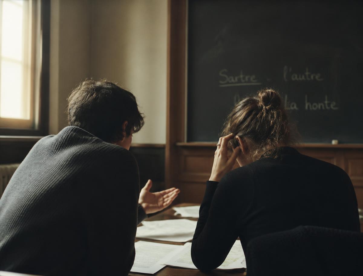 Dois alunos a discutir papéis num seminário